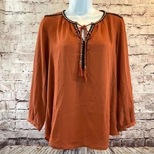 Dr2 Women's Autumn Brown Long Sleeve Peasant Woven Tassel Hi-Low Blouse Small