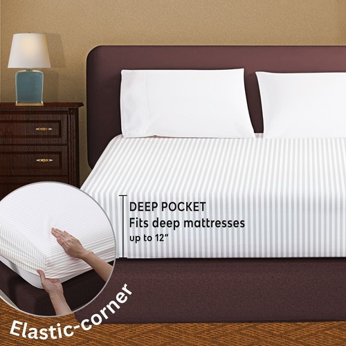 Extra Deep 25 cm Fitted Sheet Stripe Bed Sheets Single Double Super King Size - Picture 8 of 99