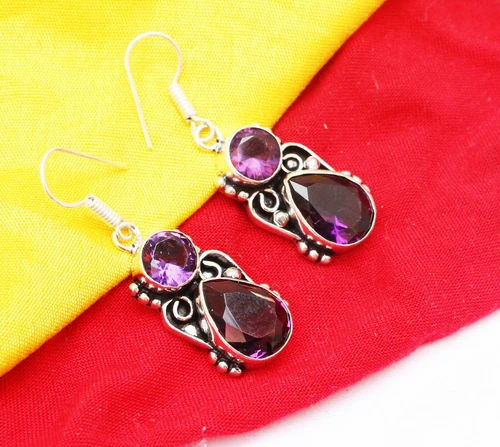Purple Amethyst  Gemstone Handmade 925 Sterling Silver Jewelry Earring Sz 1.20"