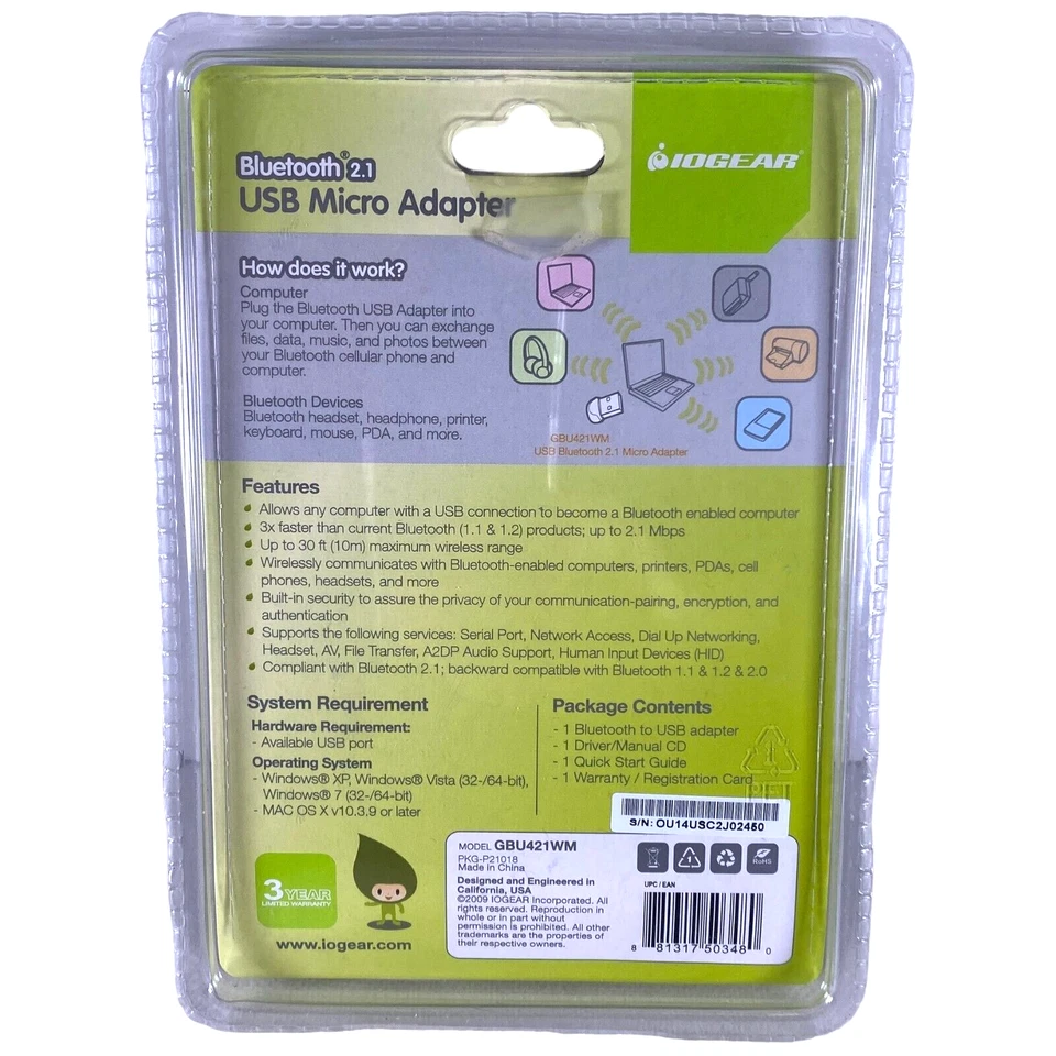 IOGear Bluetooth 2.1 USB Micro Adapter GBU421 MAC or PC - 30 Foot Wireless Range - Image 2 of 2