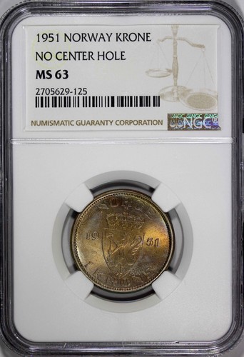 Norway Haakon VII Copper-Nickel 1951 1 Krone NGC MS63 No Center Hole KM#397.1(5) - Picture 2 of 4