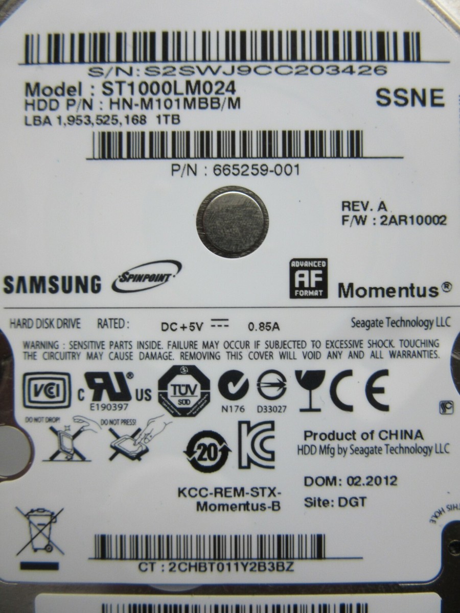 Samsung ST1000LM024 HN-M101MBB/M SATA Hard Drive 1TB HDD 2AR10002