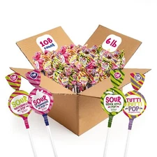 Gum-Filled Lollipops, Assorted Fruit Flavors Sour Pops Candy, 6 Pound-Box