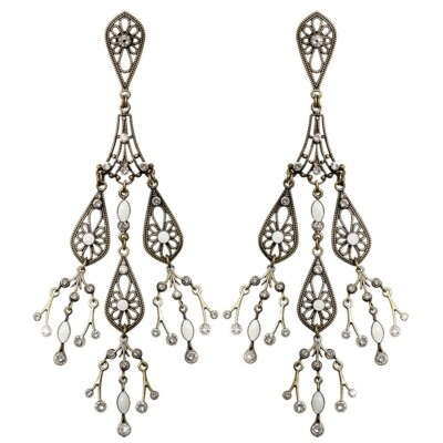 Konplott Ohrringe Ohrhänger Chandelier white antique brass long