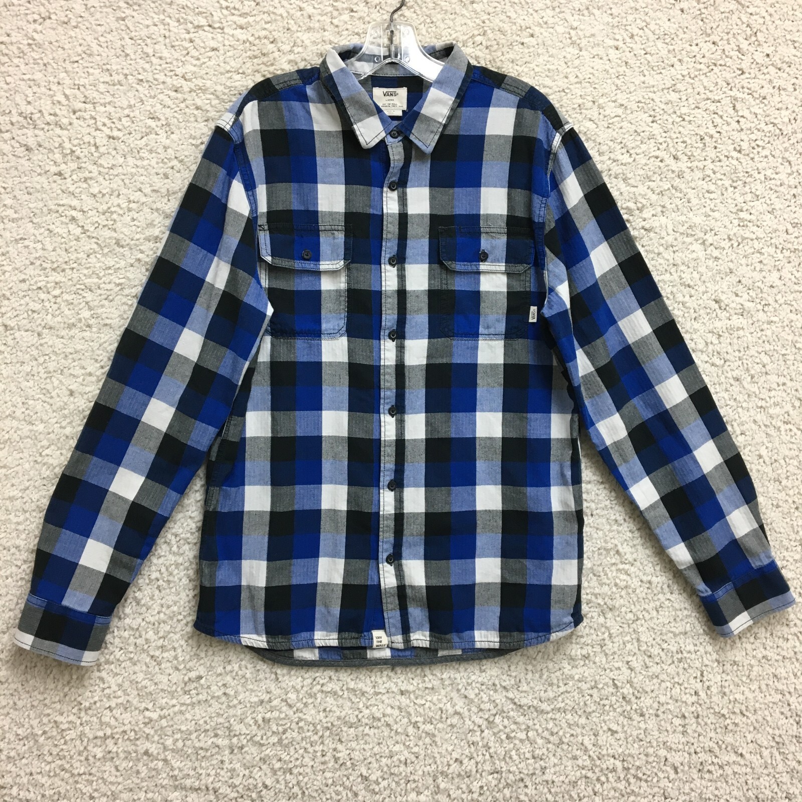 VANS Button Up Shirt Large Adult Blue Off The Wall Plaid Long Sleeve Pocket Mens