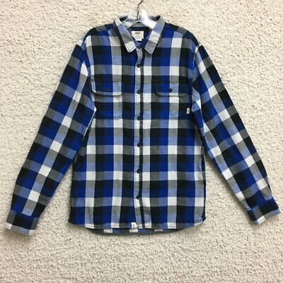 VANS Button Up Shirt Large Adult Blue Off The Wall Plaid Long Sleeve Pocket  Mens