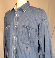 VTG 90S TOMMY HILFIGER Sz L DENIM USA FLAG CREST LOGO SHIRT BIGGIE HIP HOP OG