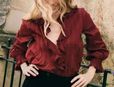 Women Doen V-neck Ruffle Long Sleeve Blouse Top Red