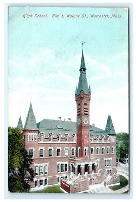 High School Elm & Walnut St. Worcester MA Massachusetts Early Postcard