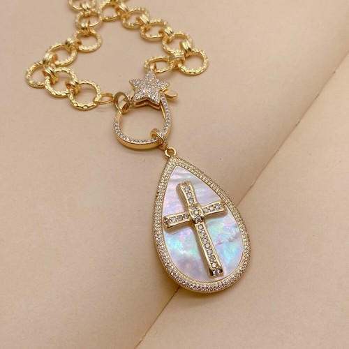 Natural White Sea Shell Cz Pave Crucifix Pendant Gold Plated Chain Necklace