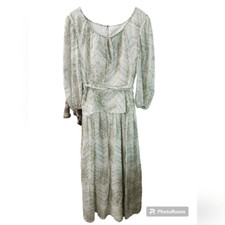 70s Designer David E Rae Sage Green Puff Sleeve Sheer Maxi Gown Lined Floral Vtg
