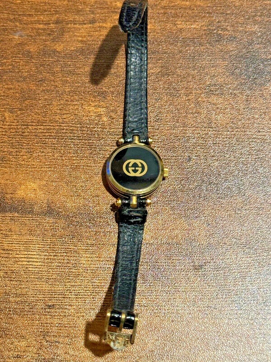 Vintage Gucci 18k Gold Plated Ladies Black Dial Swiss Quartz Watch
