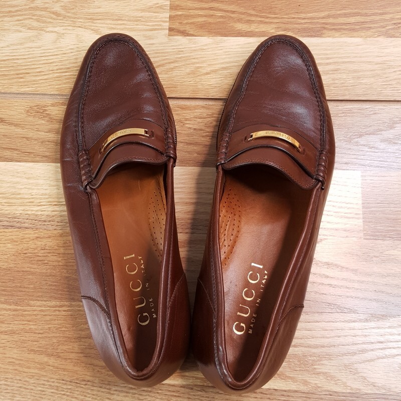 Vintage GUCCI Mens Shoes Size 13 Brown Leather Slip On Loafer Gold Logo
