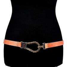 Chicos Italian Leather Brass Tone Waist Belt Size S/M Adjustable Hook Gemstones