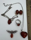 Vintage Sterling Silver Amber Jewelry Lot Modernist Necklace Ring Earrings