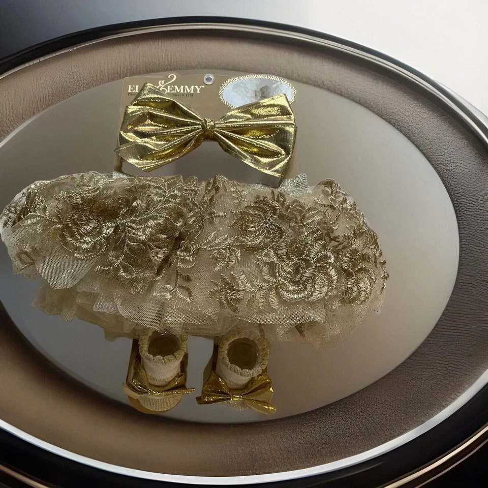 Elly & Emmy's Baby Holiday Outfit Set Sz 0 - 12 Mo. 3 Pc Gold Tutu NEW! - Image 3 of 4