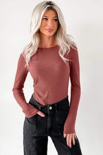 Mineral Red Ribbed Long Sleeve Crew Neck Solid Color Bodysuit