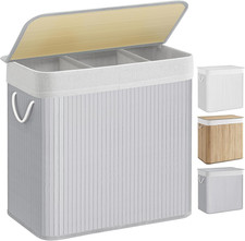 Cesto Portabiancheria, 150 L, Cesta Biancheria a 3 Scomparti in Bambù Coperchio,