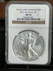 2011 W BURNISHED AMERICAN SILVER EAGLE 25th ANNIVERSARY MS70