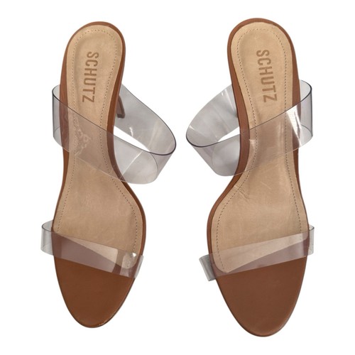 Schutz Ariella Brown Heeled Sandals Womens 8.5B Slip On Heels Clear Vinyl Straps - Picture 2 of 9