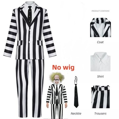 Beetle Juice Cosplay Costume Adam Men Black White Striped Jacket Uniform Tie Wig