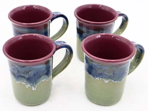 Set of 4 Vintage Retro Neher Pottery Drip Glaze Coffee Mugs Purple/Blue/Green
