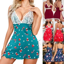 Christmas Sexy Lingerie Women Santa Xmas Cosplay Sleepwear Lace Dress Babydoll