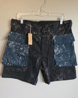 Wasted Collective Washi Organic Cargo Shorts in Blue Black Splattered | Sz Large
