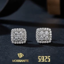 Real Moissanite Square Halo Stud Earrings 925 Silver Hip Hop Mens Ladies Iced