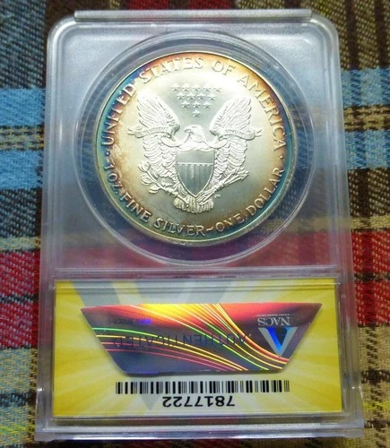 2000 ANACS MS67 Eagle Silver Dollar, 1oz .999 Silver, GOLD BLUE Color Tone $1