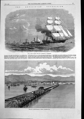 Antiker alter Druck Hms Argus Schlepper Massowah Pier Zulla Annesley Bay 1868