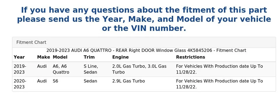 AUDI A6 QUATTRO 2019-2023 - puerta trasera derecha ventana cristal 4K5845206 Foto 4 de 4