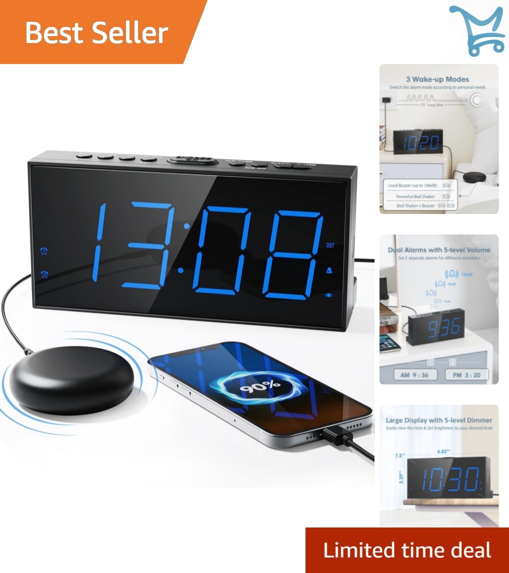 Vibrating Bed Shaker Alarm Clock Large Display Digital Dual Wake Up