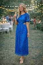 ML Monique Lhuillier London Topaz Guipure Lace Cutout Maxi Dress Blue 12 NWT