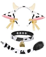 Cow Costume Set - Ears Headband, Print Bell Collar Choker and Cow Tail,