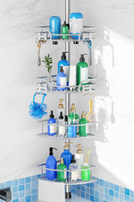 HAMITOR Corner Shower Caddy Tension Pole, Adjustable No-Drill Widen Shelves,Silv