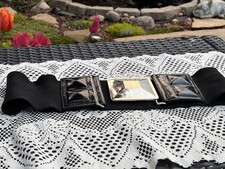 Vintage 1980s Wide Elastic Waist Belt Silver Geometric Buckle Black Patent Glam