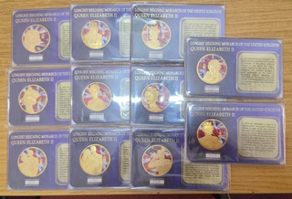 Set of 11 Elizabeth II Longest Reigning Monarch Gold Plated Medallions