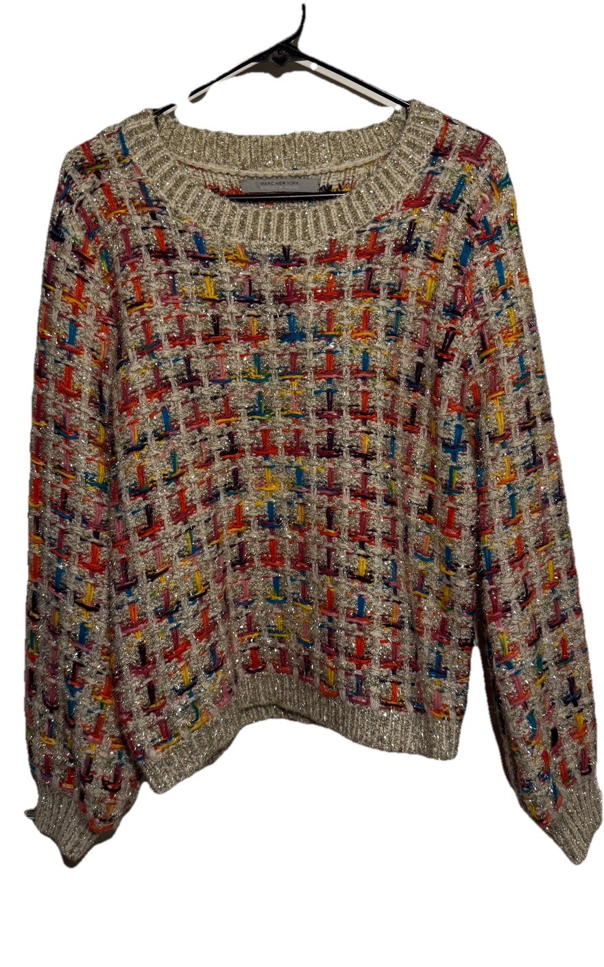 Andrew Marc New York Womens Multicolor Metallic Tinsel Preppy Cable Knit Sweater