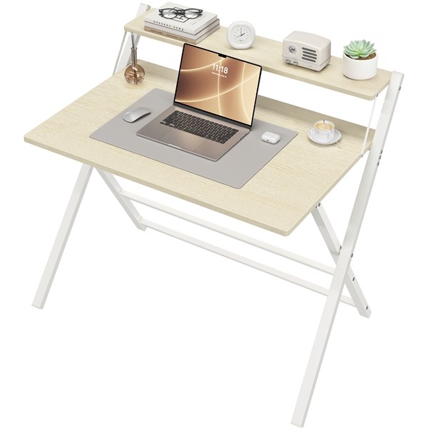 2-Tier Foldable Computer Desk with Monitor Shelf for Dormitory Home Natural Wood