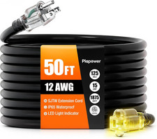 12/3 Gauge Outdoor Extension Cord 50 FT Heavy Duty Waterproof Black
