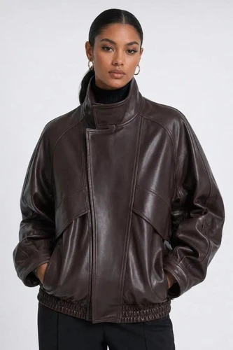 Women’s Brown Leather Bomber Jacket, Oversized High Neck Flight Jacket, Genuine - product listing photo