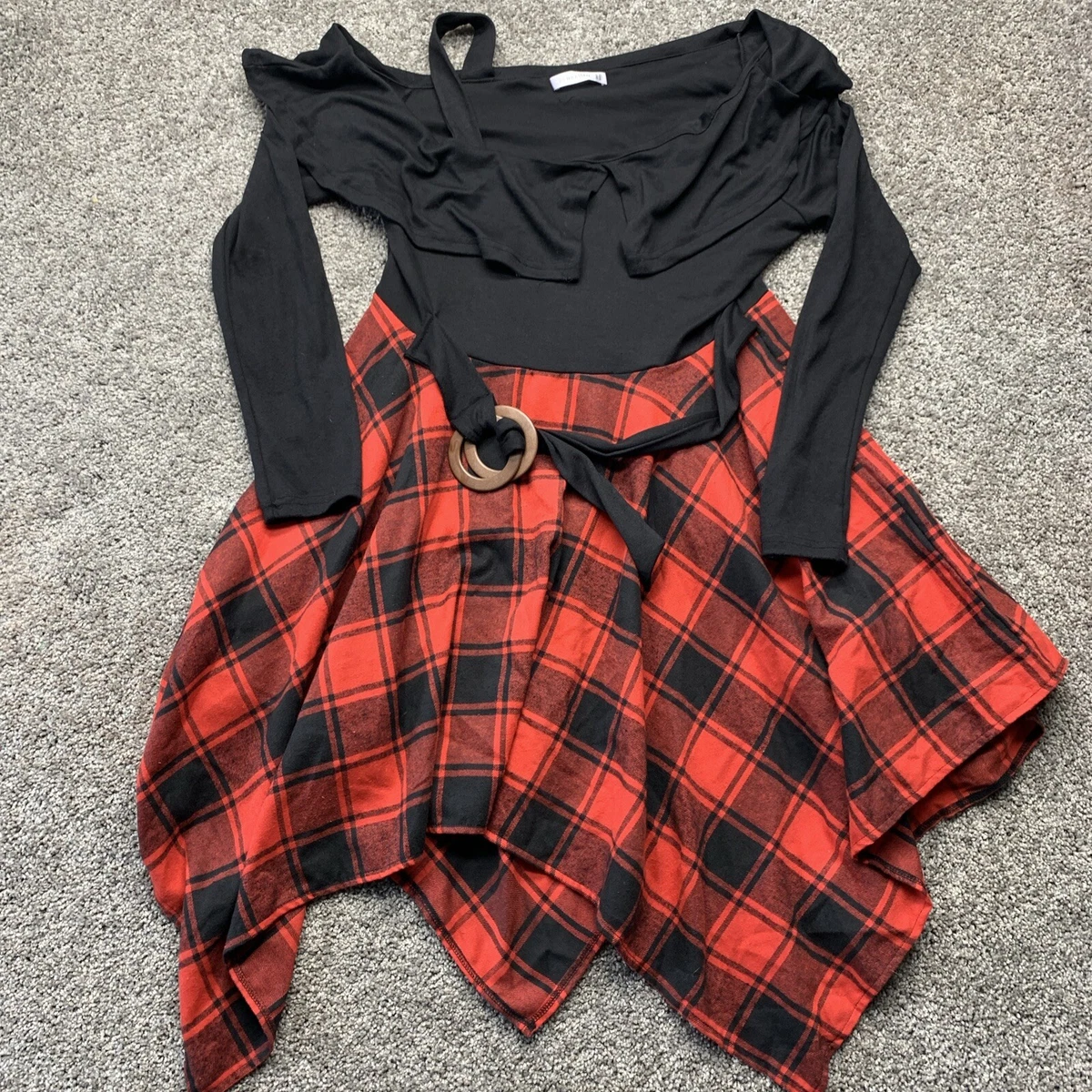 Black & Red plaid Long sleeve Off Shoulder swing dress fall punk grunge  goth 8 | eBay