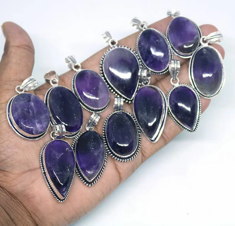Lote de colgantes de piedras preciosas de amatista ~ lote de colgantes hechos a mano enchapados en plata de ley 925 ~ Foto 2 de 3