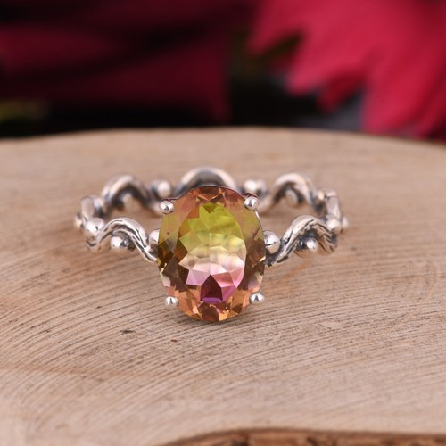 Bio Tourmaline Wave Band Ring Engagement 925 Sterling Silver Rings For Gift Her - Zdjęcie 1 z 4