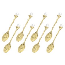 8 Pcs Retro Spoons 4.3" Crystal Alloy Coffee Spoon Leaf Flower Pattern Gold