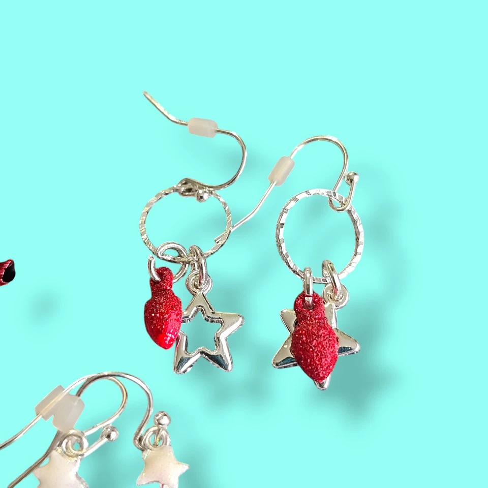 Silver Plate Christmas Holiday Hook Dangle Drop Charm Earrings Bells Santa Hat - Image 3 of 4