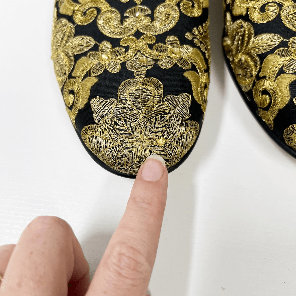 PANTOFOLA D’ORO Pantofole in pelle super glamour Harley Yamka oro nero ricamate tela 45 13