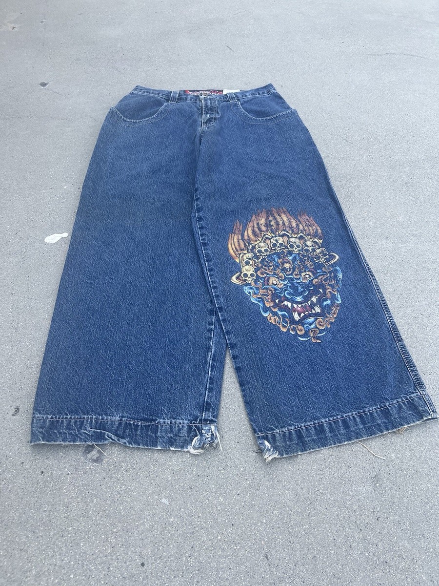 Jean JNCO Tribal Crâne Latéral Noir - Taille 34, Coupe Wide-Leg, Neuf Rare