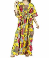Women Hippie Cotton Summer Sleepwear Fruit Printed Yellow Long Maxi Caftan Dress